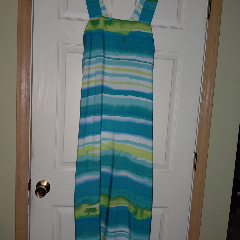 Natori Blue and Green Striped Maxi Dress